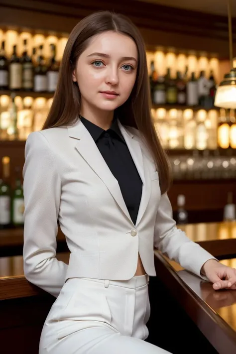 <lora:anna_vlasova_obj20:0.3>, full_body, standing, business suit, pants, sitting at the bar, (anna_vlasova: 1.3), perfect face, (contact iris: 1.1), pale skin, skin pores , depth of field