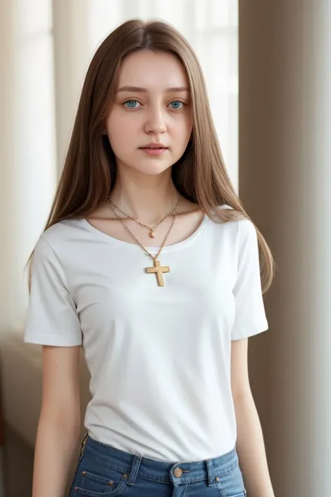 <lora:anna_vlasova_obj20:0.3>, full_body, standing, t-shirt, pants, cross necklace, (anna_vlasova: 1.3), perfect face, (contact iris: 1.1), pale skin, skin pores , depth of field