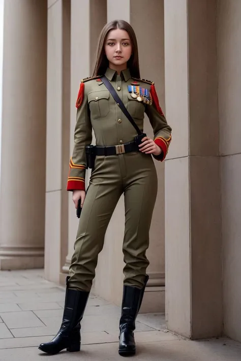 <lora:anna_vlasova_obj20:0.3>, full_body, standing, soldier uniform, pants, boots, gun, (anna_vlasova: 1.3), perfect face, (contact iris: 1.1), pale skin, skin pores , depth of field