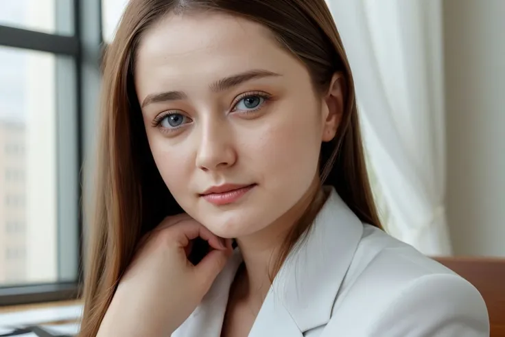 <lora:anna_vlasova_obj20:0.3>, business suit, sitting at desk, (anna_vlasova: 1.3), perfect face, (contact iris: 1.1), pale skin, skin pores , depth of field