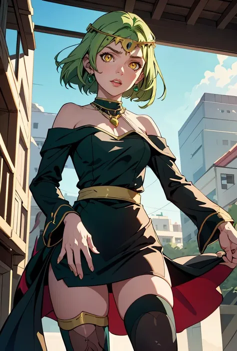 (masterpiece, best quality), 1girl, <lora:ZofiaHonkai:0.8> ZofiaHonkai, 1girl, solo, short hair, thighhighs, black dress, bare shoulders, jewelry, yellow eyes, green hair, circlet, shirt, long sleeves,