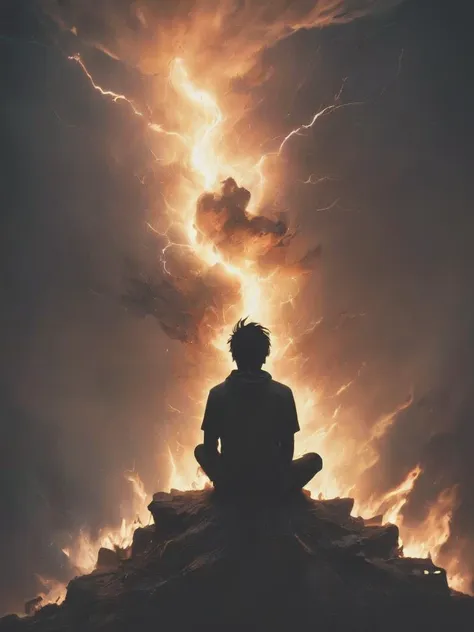 letitbrn, illustration , silhouette of a person sitting on a cliff with back turned is watching the world burn, intricate lightning, glow, global illumination, charred, flames, <lora:- SDXL - letitbrn_let_it_burn_V1.0:0.7>