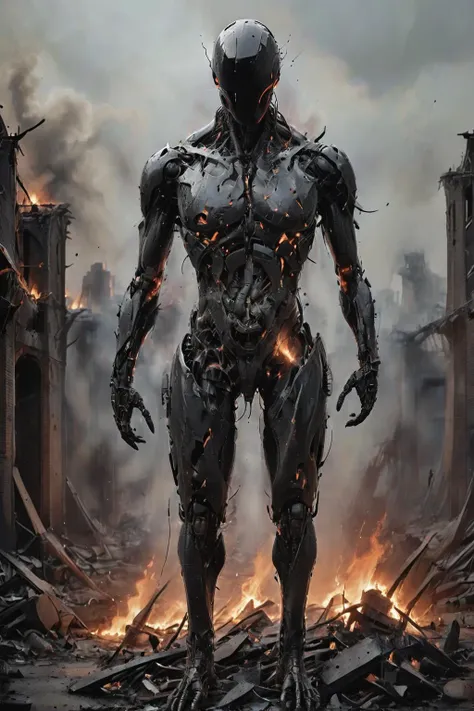 letitbrn,<lora:- SDXL - letitbrn_let_it_burn_V1.0:1.1>,NOFACE,CYBORG,<lora:Faceless_Cyborgs:0.85>,
In this awe-inspiring apocalyptic battlefield photograph,the image of a solitary yet resilient cyborg is portrayed. At the heart of the scene,the cyborg stands tall amidst a sea of ruins,with a surrounding cluster of buildings that have been grotesquely disfigured by the ravages of war,their steel and concrete structures bared to reveal shattered skeletons. The once vibrant and orderly cityscape now lies in nothing but rubble and debris,
Hovering across the skyline are the wreckage remains of crashed spaceships,akin to black tombstones on the horizon of an end times vista. Scattered throughout the view are blazing remnants,the fierce flames casting light upon the cyborg's cold,metallic exterior,reflecting a paradoxical glow of both intense heat and chilling coldness,
Despite the chaos and destruction engulfing the world around it,the cyborg's gaze is steadfast,seemingly imbued with boundless courage and resolve. Undeterred by the apocalyptic panorama before it,the cyborg presses forward. This photograph powerfully captures the essence of struggle and unyielding spirit amidst the backdrop of an end-of-days conflict through its striking visual impact,