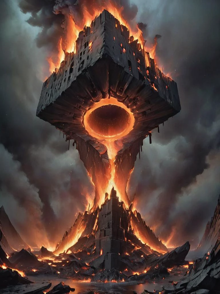 (otclillsn:1.1), hyper realistic, epic scale, a strange and impossible to solve flame glued to a fast bursting dimensional portal moving gravitation tilted 454.78 degree (upside down:1.3) coal skewed fortress, baffling (optical illusion:1.4) disorienting angle, surreal , threatening, eerie, uncanny, warzone, nighttime, glow, letitbrn, <lora:- SDXL - otclillsn_impossible_geo_V1.0:1>, <lora:- SDXL - letitbrn_let_it_burn_V1.0:0.5>