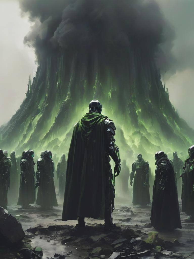 A group of people standing in front of a mountain with smoke coming out ...