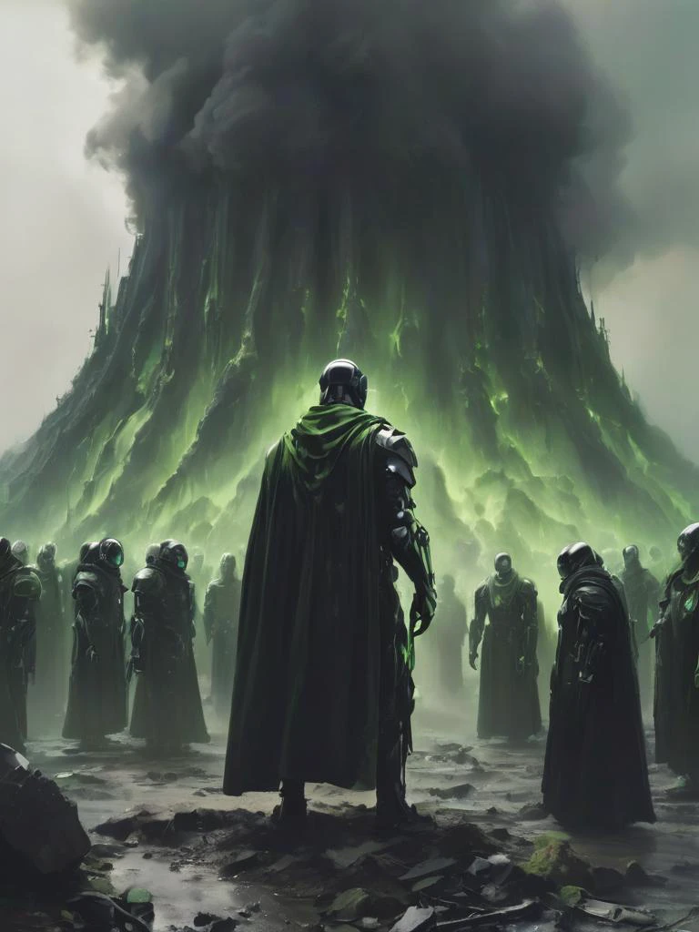 depiction of a gathering of standing (nvidia graphic-cards:1.2) mechanical cyborgs in green and black robe and computer surrounding and mourning their fallen graphic-card friend on a smoldering smoldering battlefield, sad mass, atmospheric, crying, chip, plastic, fan, epic, cinematic, depressing, atmospheric, perfect composition, deep shadows, last salute, farewell, <lora:- SDXL - n-eeyblch_eye_bleach_V1.0:0.5> n-eeyblch <lora:- SDXL - letitbrn_let_it_burn_V1.0:0.2> letitbrn