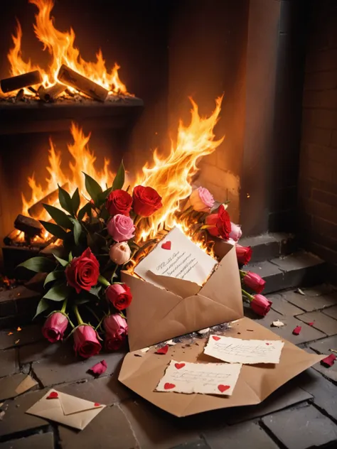 dutch angle beautiful elegant amazing picture of damaged burned envelope love letter thrown inside fireplace next to bouquet of flowers. burning in raging merciless flame <lora:SDXL ST fire letitbrn_let_it_burn_V1.0:1> letitbrn <lora:SDXL DET dpo_lora_v1:1>