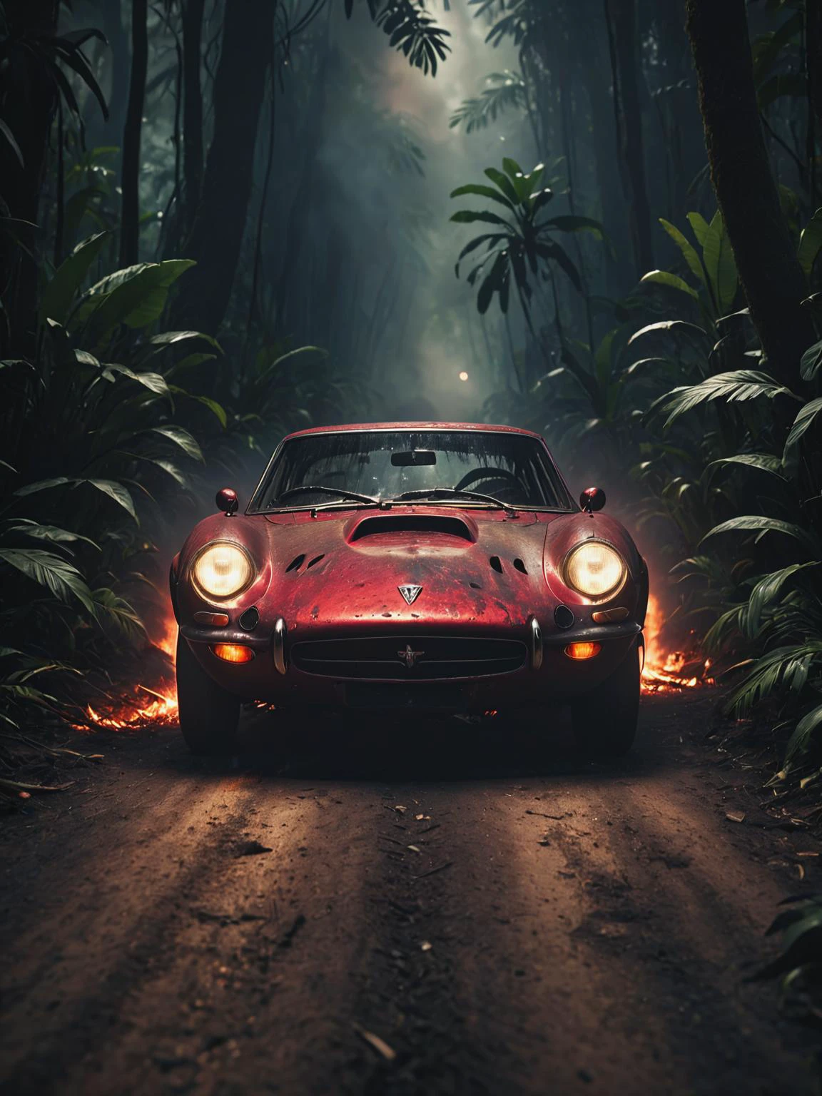 letitbrn, a car race in a jungle path, red racing car with headlights illuminate the road, charred and burning jungle, desolation, dark, cinematic, global illumination, <lora:- SDXL - letitbrn_let_it_burn_V1.0:0.7> front view, symmetric view, close-up, motion blur, speed, glow, lens flare, (masterpiece:1.2), (intricate details:1.2), cinematic lighting, realism, realistic, RAW photo, 4k, highres, extremely intricate, photorealistic, selective focus, best quality, photo, real, extremely detailed, amazing, fine detail, rich colors, hyperrealistic lifelike texture, dramatic lighting, unrealengine, trending on artstation, cinestill 800 tungsten, high quality, sharp focus,8k uhd, absurdres