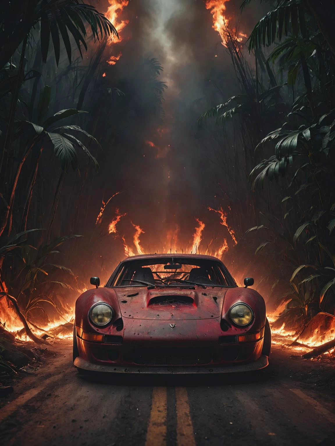 letitbrn, a car race in a jungle road, red racecar, lights on, charred and burning jungle, desolation, dark, cinematic, global illumination, <lora:- SDXL - letitbrn_let_it_burn_V1.0:1.0> front view, symmetric view, close-up, (masterpiece:1.2), (intricate details:1.2), cinematic lighting, realism, realistic, RAW photo, 4k, highres, extremely intricate, photorealistic, selective focus, best quality, photo, real, extremely detailed, amazing, fine detail, rich colors, hyperrealistic lifelike texture, dramatic lighting, unrealengine, trending on artstation, cinestill 800 tungsten, high quality, sharp focus,8k uhd, absurdres