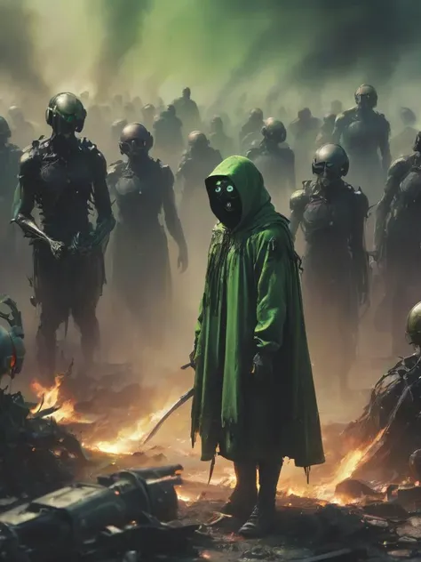 depiction of a gathering of standing (nvidia graphic-cards:1.2) mechanical cyborgs in green and black robe and computer surrounding and mourning their fallen graphic-card friend on a smoldering smoldering battlefield, sad mass, atmospheric, crying, chip, plastic, fan, epic, cinematic, depressing, atmospheric, perfect composition, deep shadows, last salute, farewell, <lora:- SDXL - n-eeyblch_eye_bleach_V1.0:0.5> n-eeyblch <lora:- SDXL - letitbrn_let_it_burn_V1.0:0.5> letitbrn