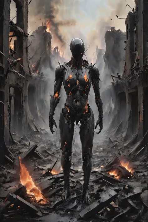 letitbrn,<lora:- SDXL - letitbrn_let_it_burn_V1.0:1.3>,NOFACE,CYBORG,<lora:Faceless_Cyborgs:0.85>,
In this awe-inspiring apocalyptic battlefield photograph,the image of a solitary yet resilient cyborg is portrayed. At the heart of the scene,the cyborg stands tall amidst a sea of ruins,with a surrounding cluster of buildings that have been grotesquely disfigured by the ravages of war,their steel and concrete structures bared to reveal shattered skeletons. The once vibrant and orderly cityscape now lies in nothing but rubble and debris,
Hovering across the skyline are the wreckage remains of crashed spaceships,akin to black tombstones on the horizon of an end times vista. Scattered throughout the view are blazing remnants,the fierce flames casting light upon the cyborg's cold,metallic exterior,reflecting a paradoxical glow of both intense heat and chilling coldness,
Despite the chaos and destruction engulfing the world around it,the cyborg's gaze is steadfast,seemingly imbued with boundless courage and resolve. Undeterred by the apocalyptic panorama before it,the cyborg presses forward. This photograph powerfully captures the essence of struggle and unyielding spirit amidst the backdrop of an end-of-days conflict through its striking visual impact,