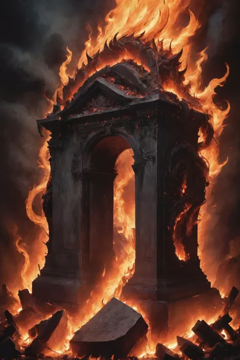 letitbrn,<lora:- SDXL - letitbrn_let_it_burn_V1.0>,
In a mysterious hellish scene interwoven with chaos and darkness,there stands an immense gravestone cast from reinforced concrete. This is no ordinary monument; it is enshrouded by fiery flames emanating from the abyss,with scorching flames furiously licking and dancing across its surface,as if the infernal fires were purging all wickedness and sorrow. The hard,cold material of the gravestone's surface,under the blaze,takes on an eerie crimson glow that seems to flow like molten lava or be bathed in the bloody light of a crescent moon,
The entire tableau resembles a visually mystical drama,brimming with fantastical elements and stark contrasts,evoking both chills and a deep fascination. It captures the viewer's gaze,making it impossible to look away,drawing them into the mesmerizing magic duel unfolding in the very depths of hell,