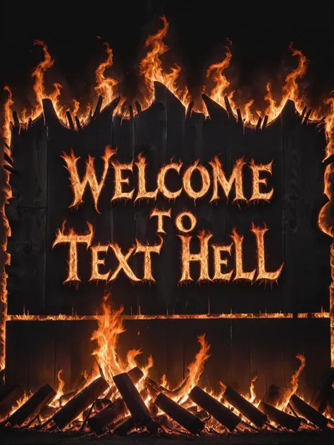 letitbrn, "("WELCOME TO TEXT HELL" text logo) written on a wooden signboard, hell, chipped and burning over a black reflective surface, <lora:- SDXL - letitbrn_let_it_burn_V1.0:0.8> <lora:Harrlogos_v1.1:1>