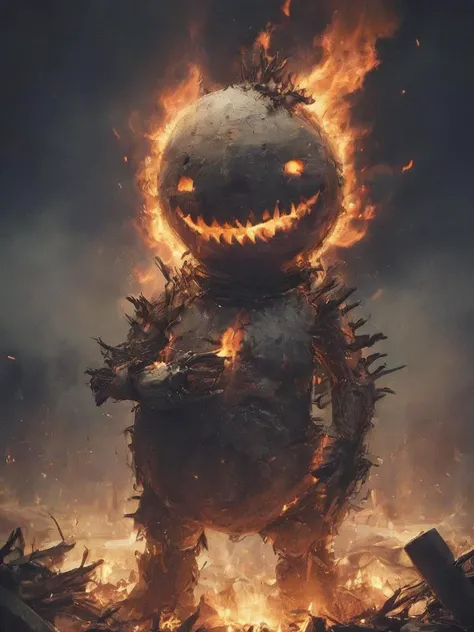 letitbrn, illustration , a ragging snow-man fire on a cold winter night, dark, desolation, glow, high gamma, composition, global illumination, charred, flames, <lora:- SDXL - letitbrn_let_it_burn_V1.0:0.6> <lora:- SDXL - voodstyle_ Voodoofy_V1.0:0.7> voodstyle
