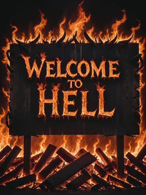 letitbrn, "("WELCOME TO HELL" text logo) written on a wooden signboard, hell, chipped and burning over a black reflective surface, <lora:- SDXL - letitbrn_let_it_burn_V1.0:0.8> <lora:Harrlogos_v2.0:1>