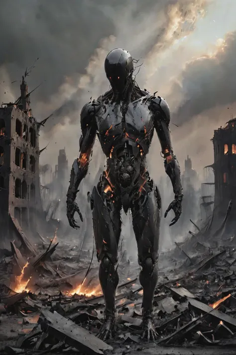 letitbrn,<lora:- SDXL - letitbrn_let_it_burn_V1.0:1.2>,NOFACE,CYBORG,<lora:Faceless_Cyborgs:0.85>,
In this awe-inspiring apocalyptic battlefield photograph,the image of a solitary yet resilient cyborg is portrayed. At the heart of the scene,the cyborg stands tall amidst a sea of ruins,with a surrounding cluster of buildings that have been grotesquely disfigured by the ravages of war,their steel and concrete structures bared to reveal shattered skeletons. The once vibrant and orderly cityscape now lies in nothing but rubble and debris,
Hovering across the skyline are the wreckage remains of crashed spaceships,akin to black tombstones on the horizon of an end times vista. Scattered throughout the view are blazing remnants,the fierce flames casting light upon the cyborg's cold,metallic exterior,reflecting a paradoxical glow of both intense heat and chilling coldness,
Despite the chaos and destruction engulfing the world around it,the cyborg's gaze is steadfast,seemingly imbued with boundless courage and resolve. Undeterred by the apocalyptic panorama before it,the cyborg presses forward. This photograph powerfully captures the essence of struggle and unyielding spirit amidst the backdrop of an end-of-days conflict through its striking visual impact,