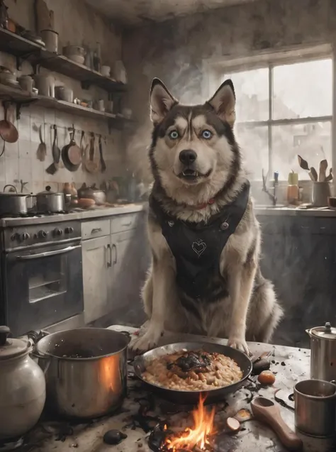 letitbrn, a rendition of a of a (baffled:1.1) husky covered in (soot:1.3) wearing an apron and he has a (confused:1.4) (expression:1.1) in front of dirty dishes and cooking dog food with his clumsy paws while the, (food is charred and smoking:1.2), (charred fur:1.3), flames,  detailed, high resolution, concept art, oil panting, digital art, cinematic, dramatic light, low saturation, lowkey, war photography, <lora:- SDXL - letitbrn_let_it_burn_V1.0:0.7>  <lora:- SDXL - stnerfx _Stoned_Fox_Style_V4.0:0.4>