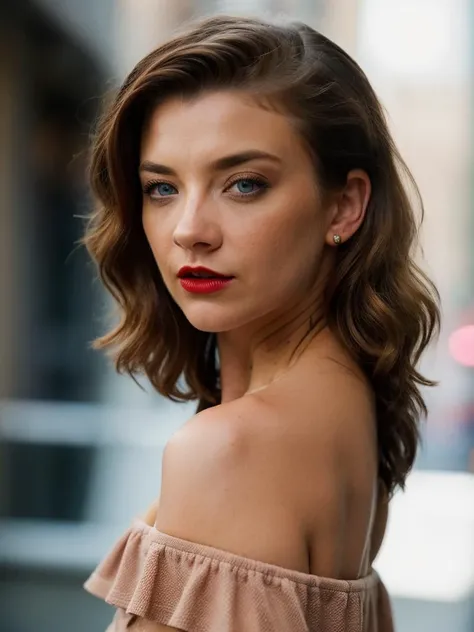 Realistic photo of a beautiful n4t4l13d woman, 1girl, solo, looking at viewer, blue eyes, brown hair, bare shoulders, upper body, off shoulder, character name, lips, looking to the side, makeup, lipstick, freckles, curly hair, realistic, soft lighting, professional Photography, Photorealistic, detailed, RAW, analog, sharp focus, 8k, HD, high quality, masterpiece<lora:n4t4l13d:1.0>