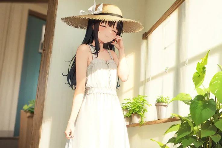 1girl, hat, blinds, solo, long hair, dress, plant, white dress, black hair, straw hat, leaning forward, potted plant, sleeveless, closed eyes, sleeveless dress, hair tucking, sun hat, ribbon, hand up, indoors, white ribbon, sundress, standing, bare arms, bare shoulders, closed mouth, from side, profile, day, bangs, shadow<lora:ruinx:1.1>