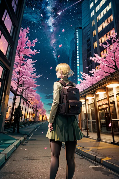 1girl, solo, sky, star (sky), petals, starry sky, backpack, bag, night, ruins, from behind, short hair, scenery, blonde hair, night sky, cherry blossoms, pantyhose, outdoors, cloud, city, standing, skirt, building <lora:ruinx:1>