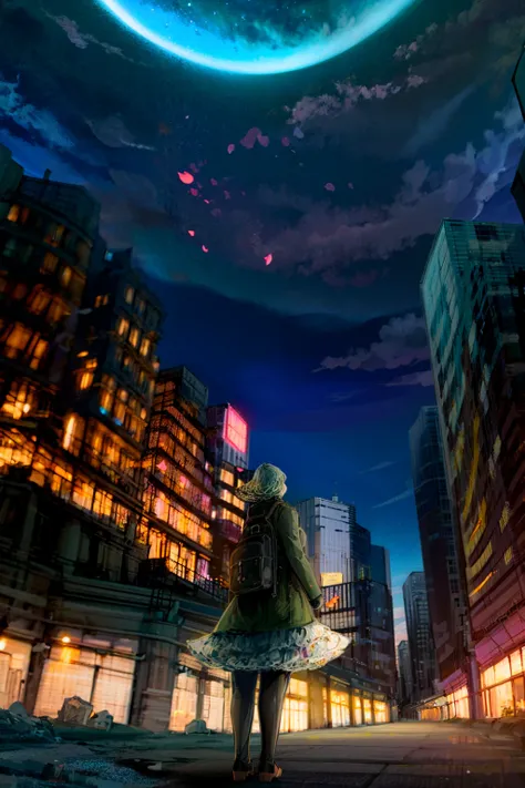 1girl, solo, sky, star (sky), petals, starry sky, backpack, bag, night, ruins, from behind, short hair, scenery, blonde hair, night sky, cherry blossoms, pantyhose, outdoors, cloud, city, standing, skirt, building <lora:ruinx:1.5>