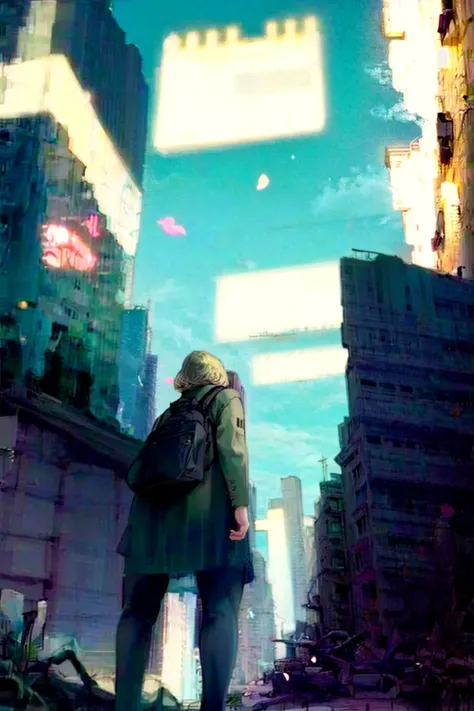 1girl, solo, sky, star (sky), petals, starry sky, backpack, bag, night, ruins, from behind, short hair, scenery, blonde hair, night sky, cherry blossoms, pantyhose, outdoors, cloud, city, standing, skirt, building <lora:ruinx:1.5>