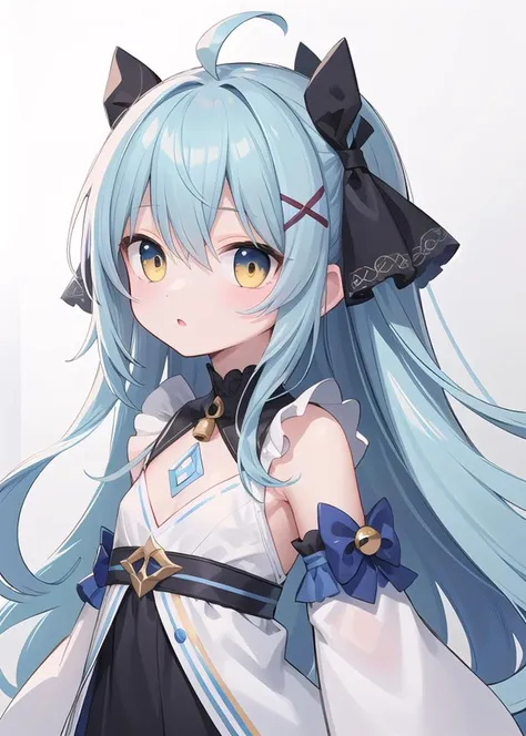 1girl, long hair, small breasts, flat chest, insanely detailed, absurdres, ultra-highres, ultra-detailed, best quality, slender, kawaii, perfect symmetrical face, ultra cute girl, ultra cute face, ultra detailed eyes, ultra cute, ultra beautiful, BREAK,
long hair, blue hair, ahoge,hair ribbon, hair bell, x hair ornament,yellow eyes