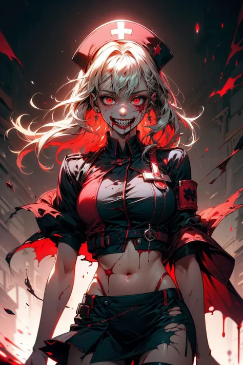 (masterpiece:1.1), (best quality:1.1), (vibrant colors:1.2), BREAK, (horror:1.1), (creepy:1.0), (covered in blood:1.2), (bloodstains:1.1), (blood splatter:1.1), (glowing:1.0), BREAK, (solo:1.2), (cowboy shot:1.0), (nurse:1.0), (tilted head:1.0), (nurse cap:1.0), (miniskirt:1.0), (torn clothes:1.2), (hysterical laughter:1.1), (scary smile:1.0), (sharp teeth:1.1), (midriff:1.0), (deranged:1.1), (lunatic:1.1), (yandere:1.0), (uneven eyes:1.1), (looking at viewer:1.0), (glowing eyes:1.0), <lora:Blood:0.8>