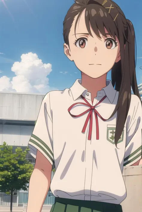 suzumeiwato, <lyco:suzume iwato movie-lyco-nochekaiser:1>,
suzume iwato, long hair, black hair, hair ornament, (brown eyes:1.5), hairclip, ponytail, smile,
BREAK skirt, shirt, ribbon, school uniform, white shirt, red ribbon, green skirt, long skirt,
BREAK outdoors, sky, day, cloud, sun,
BREAK looking at viewer, (cowboy shot:1.5),
BREAK <lyco:GoodHands-beta2:1>, (masterpiece:1.2), best quality, high resolution, unity 8k wallpaper, (illustration:0.8), (beautiful detailed eyes:1.6), extremely detailed face, perfect lighting, extremely detailed CG, (perfect hands, perfect anatomy),