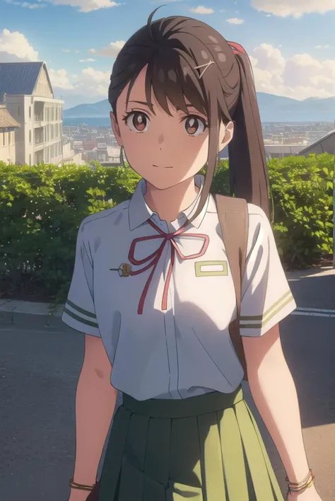 suzumeiwato, <lyco:suzume iwato movie-lyco-nochekaiser:1>,
suzume iwato, long hair, black hair, hair ornament, (brown eyes:1.5), hairclip, ponytail, smile,
BREAK skirt, shirt, ribbon, school uniform, white shirt, red ribbon, green skirt, long skirt,
BREAK outdoors, sky, day, cloud, sun,
BREAK looking at viewer, (cowboy shot:1.5),
BREAK <lyco:GoodHands-beta2:1>, (masterpiece:1.2), best quality, high resolution, unity 8k wallpaper, (illustration:0.8), (beautiful detailed eyes:1.6), extremely detailed face, perfect lighting, extremely detailed CG, (perfect hands, perfect anatomy),