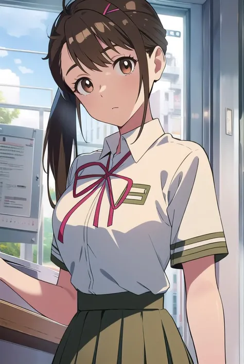 suzumeiwato, <lyco:suzumeiwato-lyco-nochekaiser:1>,
suzume iwato, black hair, (brown eyes:1.5), ponytail, hairclip, hair clip, hair pin,
BREAK skirt, shirt, ribbon, brown eyes, school uniform, white shirt, short sleeves, pleated skirt, collared shirt, red ribbon, neck ribbon, green skirt,,
BREAK looking at viewer,
BREAK indoors, classroom,
BREAK <lyco:GoodHands-beta2:1>, (masterpiece:1.2), best quality, high resolution, unity 8k wallpaper, (illustration:0.8), (beautiful detailed eyes:1.6), extremely detailed face, perfect lighting, extremely detailed CG, (perfect hands, perfect anatomy),