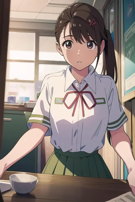 suzumeiwato, <lyco:suzumeiwato-lyco-nochekaiser:1>,
suzume iwato, black hair, (brown eyes:1.5), ponytail, hairclip, hair clip, hair pin,
BREAK skirt, shirt, ribbon, brown eyes, school uniform, white shirt, short sleeves, pleated skirt, collared shirt, red ribbon, neck ribbon, green skirt,,
BREAK looking at viewer,
BREAK indoors, classroom,
BREAK <lyco:GoodHands-beta2:1>, (masterpiece:1.2), best quality, high resolution, unity 8k wallpaper, (illustration:0.8), (beautiful detailed eyes:1.6), extremely detailed face, perfect lighting, extremely detailed CG, (perfect hands, perfect anatomy),