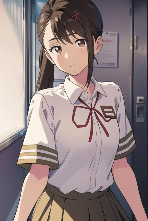 suzumeiwato, <lyco:suzumeiwato-lyco-nochekaiser:1>,
suzume iwato, black hair, (brown eyes:1.5), ponytail, hairclip, hair clip, hair pin,
BREAK skirt, shirt, ribbon, brown eyes, school uniform, white shirt, short sleeves, pleated skirt, collared shirt, red ribbon, neck ribbon, green skirt,,
BREAK looking at viewer,
BREAK indoors, classroom,
BREAK <lyco:GoodHands-beta2:1>, (masterpiece:1.2), best quality, high resolution, unity 8k wallpaper, (illustration:0.8), (beautiful detailed eyes:1.6), extremely detailed face, perfect lighting, extremely detailed CG, (perfect hands, perfect anatomy),
