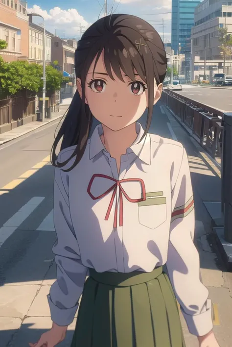 suzumeiwato, <lyco:suzume iwato movie-lyco-nochekaiser:1>,
suzume iwato, long hair, black hair, hair ornament, (brown eyes:1.5), hairclip, ponytail, smile,
BREAK skirt, shirt, ribbon, school uniform, white shirt, red ribbon, green skirt, long skirt,
BREAK outdoors, sky, day, cloud, sun,
BREAK looking at viewer, (cowboy shot:1.5),
BREAK <lyco:GoodHands-beta2:1>, (masterpiece:1.2), best quality, high resolution, unity 8k wallpaper, (illustration:0.8), (beautiful detailed eyes:1.6), extremely detailed face, perfect lighting, extremely detailed CG, (perfect hands, perfect anatomy),