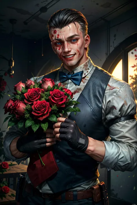 (masterpiece, best quality) <lora:epi_noiseoffset2:1>  <lora:add_detail:0.7>  <lora:EddieGluskinOutlast:0.8>
EddieGluskinOutlast,  solo, smile, blue eyes, black hair, gloves, 1boy, bow, flower, male focus, teeth, fingerless gloves, bowtie, grin, vest, petals, blood, rose, facial mark, red flower, red rose, bouquet, realistic, holding flower, manly, traditional bowtie