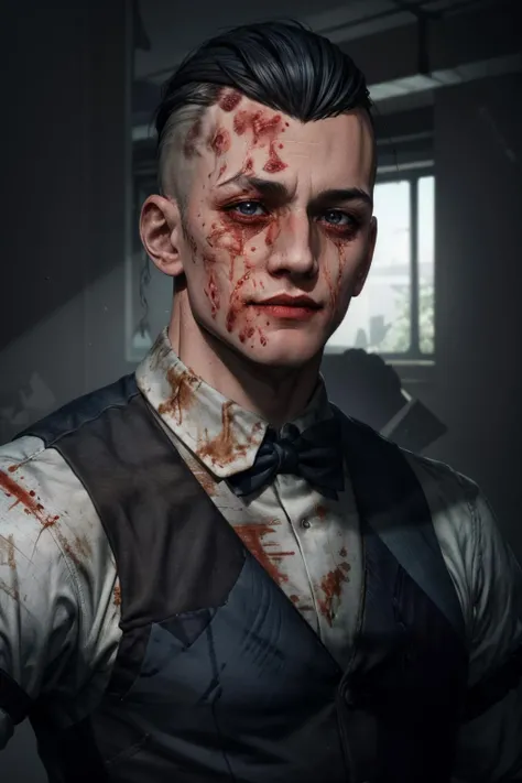 (masterpiece, best quality) <lora:epi_noiseoffset2:1> <lora:add_detail:0.7> <lora:EddieGluskinOutlast:0.8>
EddieGluskinOutlast, solo, smile, blue eyes, shirt, black hair, 1boy, bow, white shirt, upper body, male focus, multicolored hair, bowtie, vest, two-tone hair, blood, black bow, heterochromia, scar, black vest, injury, blood on face, undercut, waistcoat, mohawk, split theme, bloodshot eyes,