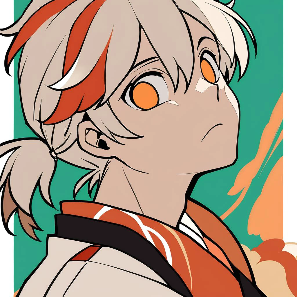 masterpiece, best quality, aokizy, 1boy, flat color, green background, Kaedehara Kazuha \(genshin impact\) \(cosplay\), looking at viewer, serious, from side, male focus, empty eyes, orange eyes, <lora:aokizy_2.0_xl:1>