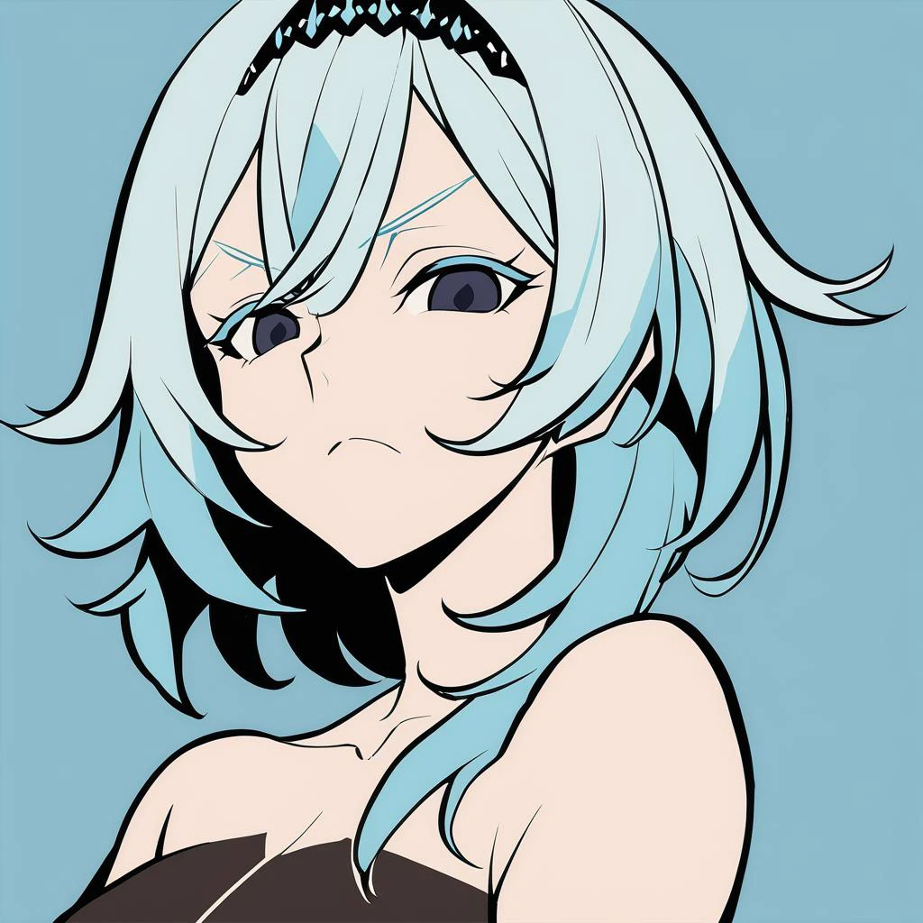 masterpiece, best quality, aokizy, 1girl, flat color, ice blue background, eula \(genshin impact\) \(cosplay\), blue hair, empty eyes, looking at viewer, disgust, from front, <lora:aokizy_2.0_xl:1>