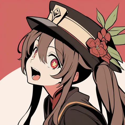 masterpiece, best quality, aokizy, 1girl, flat color, red background, hutao \(genshin impact\) \(cosplay\), twintails, looking at viewer, open mouth, (flower-shaped eyes:1.3), laughing, brown hair, from side, hat, <lora:aokizy_2.0_xl:1>