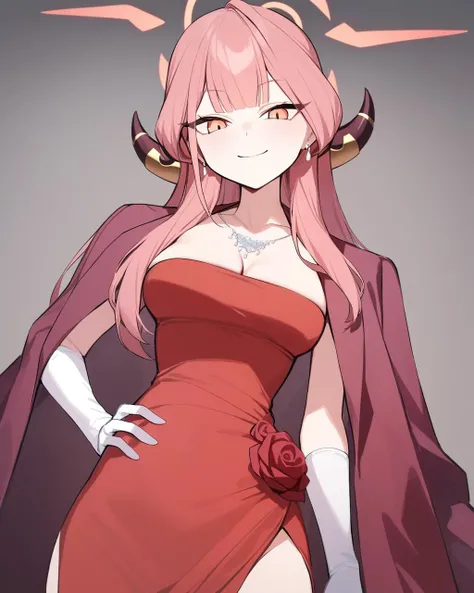 masterpiece,best quality,<lora:aru:1>,1girl, aru_\(blue_archive\), gloves, breasts, solo, horns, white_gloves, long_hair, dress, jewelry, cleavage, red_dress, halo, necklace, hand_on_hip, pink_hair, coat_on_shoulders, looking_at_viewer, side_slit, bangs, smile, elbow_gloves, coat, jacket_on_shoulders, closed_mouth, red_coat, jacket, medium_breasts, blunt_bangs, strapless, cowboy_shot