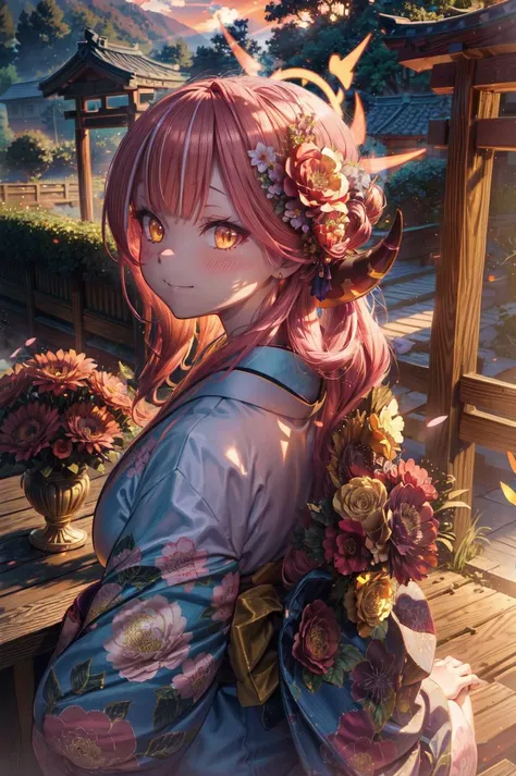 detailed illustration, upper body, of a mature female, aru_\(blue_archive\), looking back, from behind, pretty face, horns, sitting, crossed legs, halo, pink hair, long hair,flower, kimono, hair ornament, japanese clothes, hair flower, floral print, horns, halo, blush, looking back , bangs, pink hair, fur trim, hair bun, smile, obi, yellow orange eyes, demon horns, outdoors, garden, flowers, torii gate, cinematic lighting, hires, volumetric lighting, masterpiece, <lora:add_detail:0.5> <lora:hairdetailer:0.5> <lora:arusd15:0.8>