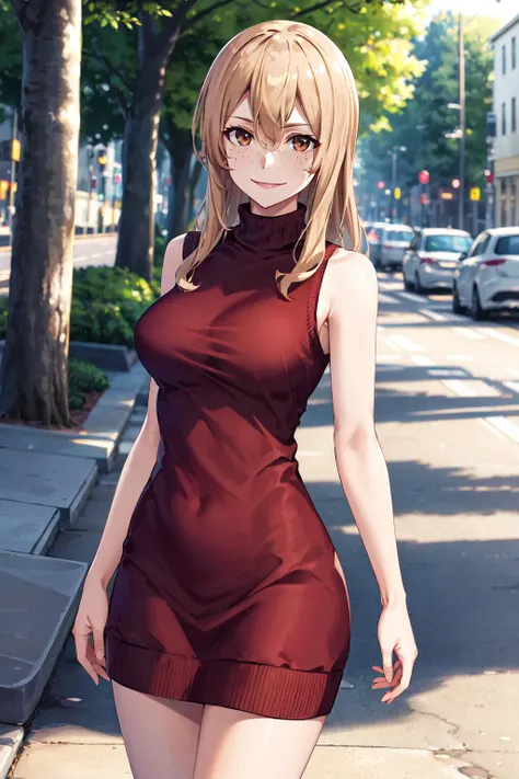 masterpiece, best quality, highres, aoki1, brown eyes, freckles, sweater dress, turtleneck sweater, sleeveless, <lora:aoki_clair_v1:0.7>, outdoors, street, cowboy shot, smile,