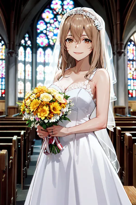masterpiece, best quality, highres, aoki1, brown eyes, freckles, <lora:aoki_clair_v1:0.7>, church, wedding dress, holding bouquet, cowboy shot, smile,