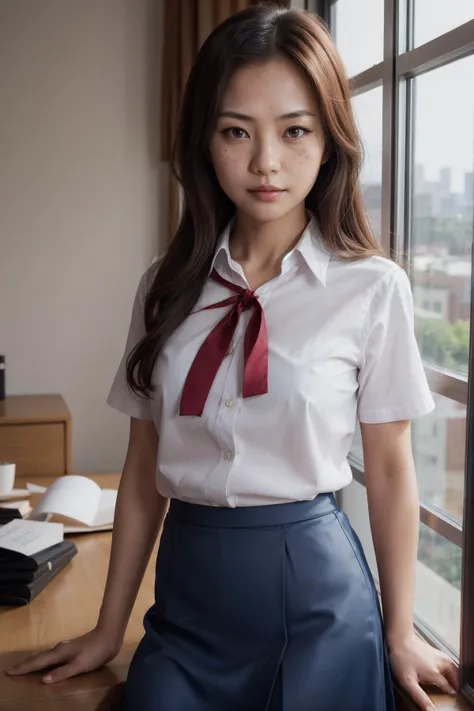 beautiful asian woman, portrait, standing, window, day <lora:aoki_clair_v1:0.7> aoki1, brown eyes, dark blonde hair, freckles, blue skirt, white shirt, ribbon