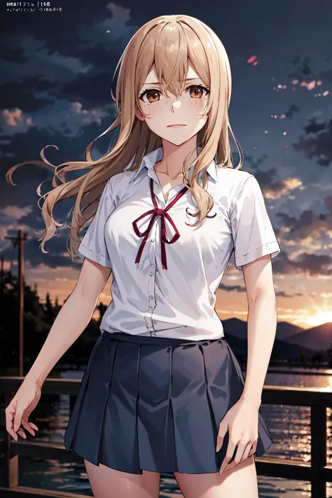 masterpiece, best quality, highres, aoki1, brown eyes, freckles, skirt, white shirt, ribbon, <lora:aoki_clair_v1:0.7>, cowboy shot, standing