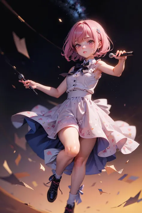 20 yers old girl, night sky, sleeveless dress, sky, (ass: 0.8), (lifted by self: 0.6),pink_hair,short_hair,striped_shirt,full_body,shirt,closed_mouth,holding_microphone,android