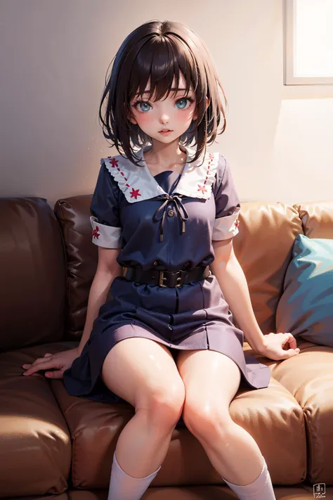 1girl,couch,fubuki_\(kancolle\),polka_dot_dress,blue_dress,socks,dated