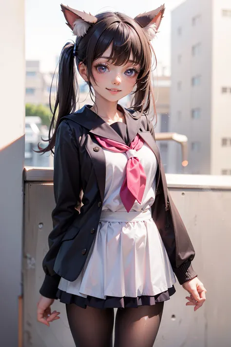 realistic, very high realistic,twintails,neckerchief,white_skirt,white_sailor_collar,smile,pantyhose,grin,school_uniform,cat_ears,open_jacket,extra_ears,blush,star_\(symbol\),sailor_collar,highres,purple_hair,hooded_jacket,black_neckerchief,acchii_\(akina\),jacket,multiple_girls