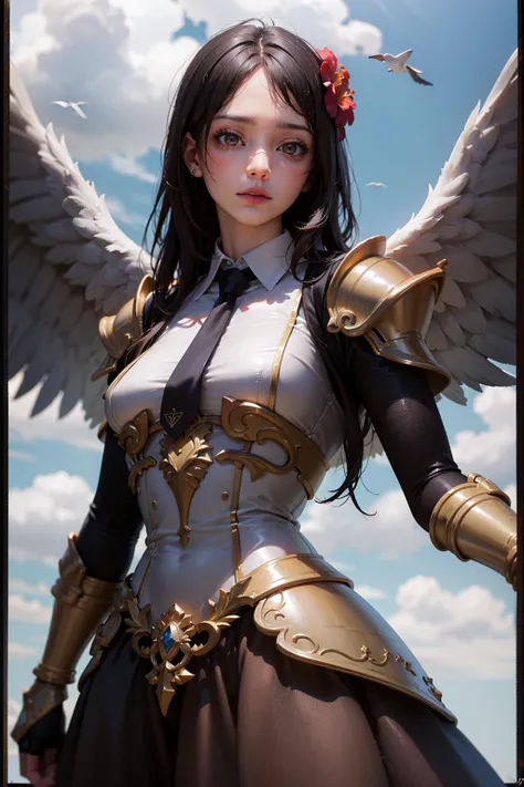 realistic, very high realistic, woman, 20 yers old, demon armor, low angle, from below, cloud, bird,ribbon,highres,backk-v,necktie,expressionless,crescent_halo,upper_body,hair_flower,white_border,angel_wings,dress,outside_border