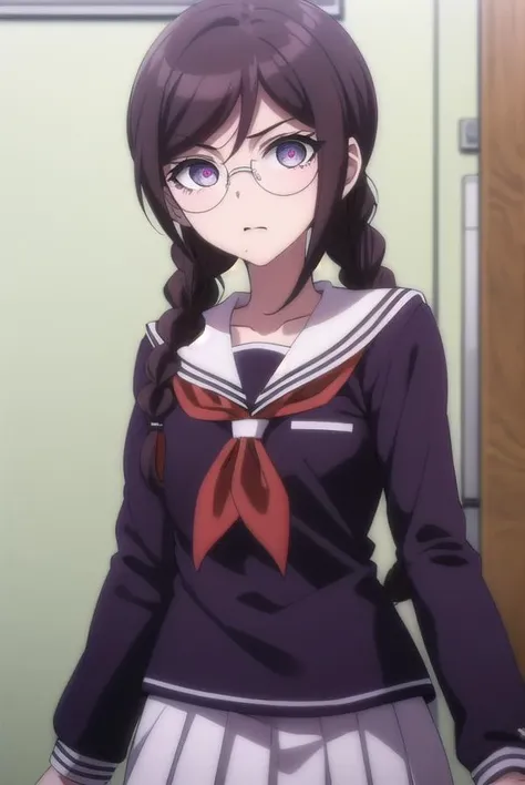 toukofukawa, <lora:touko fukawa s1-lora-nochekaiser:1>,
touko fukawa, long hair, bangs, brown hair, braid, glasses, mole, twin braids, mole under mouth, round eyewear, (brown eyes:1.3),
BREAK skirt, shirt, long sleeves, school uniform, serafuku, sailor collar, neckerchief, black shirt, red neckerchief,
BREAK indoors, classroom,
BREAK looking at viewer, (cowboy shot:1.5),
BREAK <lyco:GoodHands-beta2:1>, (masterpiece:1.2), best quality, high resolution, unity 8k wallpaper, (illustration:0.8), (beautiful detailed eyes:1.6), extremely detailed face, perfect lighting, extremely detailed CG, (perfect hands, perfect anatomy),